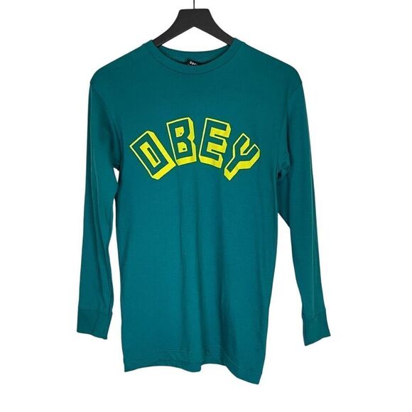 Obey Worldwide Men’s Long Sleeve Cotton T-shirt Teal Size XS - Picture 1 of 9